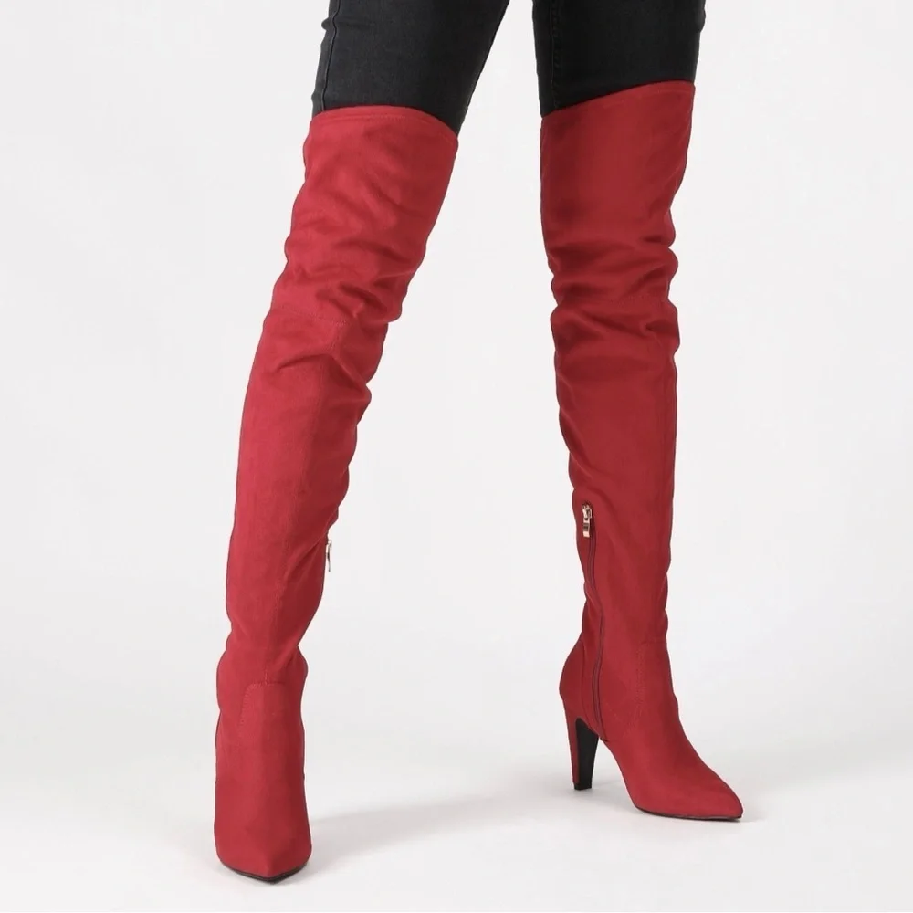 DREAM PAIRS Red Suede Over The Knee Boot With Heel
